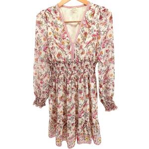 Max Studio Womens Floral Bird Print Smocked Waist V-Neck Mini Dress Cream M